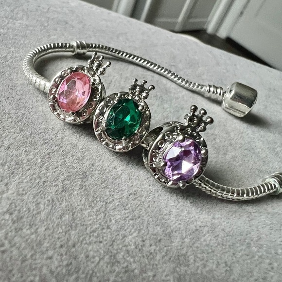 Silver Crown Charm Bracelet Princess Gemstone Pink Green Purple - Picture 8 of 12